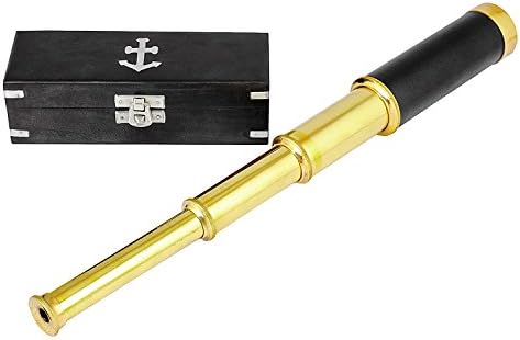 15 Inch Vintage Antique Handheld Adjustable Zoomable Monocular Nautical Brass Telescope Copper Finish in Hand Crafted Wooden Box Navy Pirate Navigation Spyglass Pirate Accessory Gifts