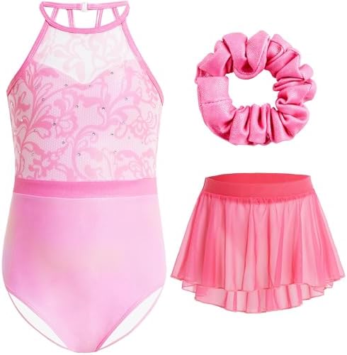 Gogokids 3 Pcs Ballet Leotards for Girls, Halter Gymnastics Leotard with Rhinestone and Removable Skirt Combo