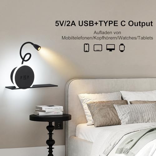 LED Bedside Reading Light, 2-Piece Wall Lamp with Switch, Reading Lamp with USB Charging Port + Type C, 3W 3000K + 9W 6000K Bed Head Lamp, Bedside Lamp for Hotel Room, Black