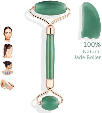 Jade Roller for Face & Gua Sha Massage Tool Set-100% Natural Jade Facial Roller-Noisless,Handmade,Rejuvenates Skin Anti Aging Puffiness Facial Skin Massage Treatment Therapy