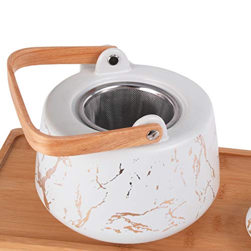 Hinomaru Collection Modern Style Marble Design Porcelain Tea Set 42 fl oz Teapot with Handle and