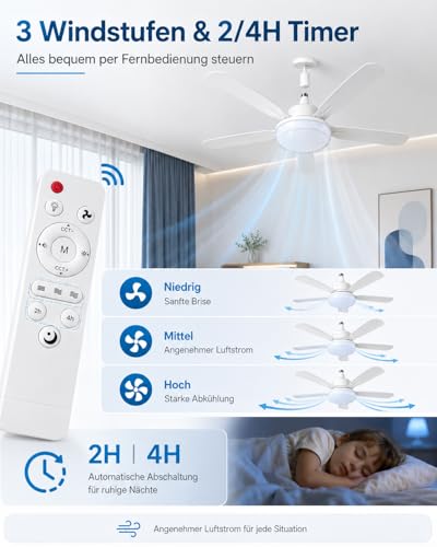 WRMING Ceiling Fan with Light, 62 cm Silent Ceiling Fan 25dB with Remote Control, 3 Speed, 3000/4000/6000K, Chandelier E27 Socket, 2/4H Timer, for Bedroom, Kitchen, Living Room