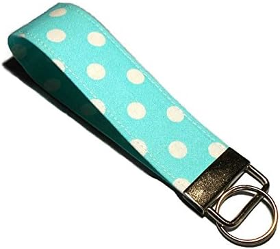 Aqua and White Polka Dot Wristlet Keychain, Fabric Key Fob