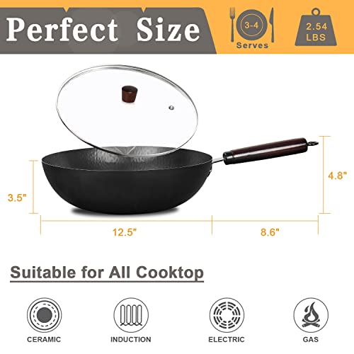 Wok Pan, YUOIOYU 12.5" Carbon Steel Wok with Glass Lid, 10 Pieces Wok
