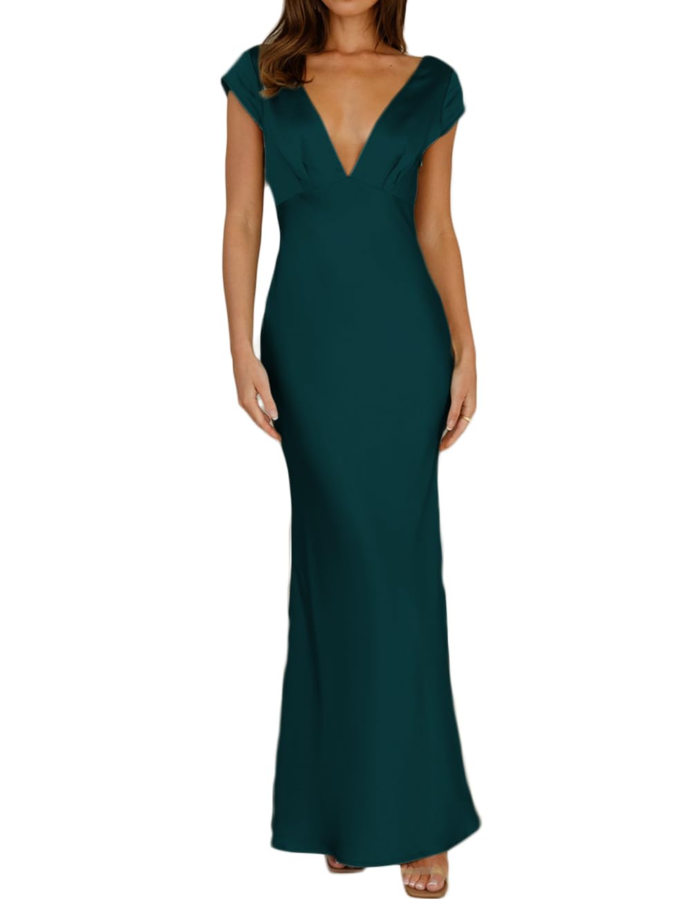 Photo 1 of Halfisland Womens Summer Satin V Neck Cap Sleeve Backless Maxi Dress Elegant Twist Cut Out Midi Dresses Wedding Guest Deep Green