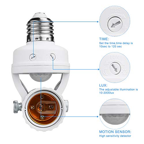 Toplimit Swing Motion Sensor Light Socket,PIR Motion Detector Bulb Adapter,Auto E26/E27 on/off Night Light Control,Garage,Closet,Basement,Laundry Room,Porch,Storage Room Intensified Lighting Fixture