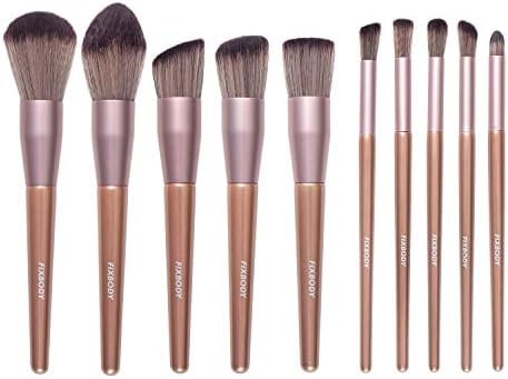FIXBODY Makeup Brush Sets - 10 PCS Wood Handle Soft Synthetic fiber hair Kabuki Powder Blush Liquid Eyeliner Eyeshadow Lip Eyebrow Brush (Champaign Gold)