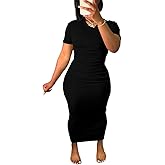 Women's Casual Short Sleeve Dress T Shirt Bodycon Dresses Ribbed V Neck Maxi Sundress Basic Party Club Dress-Black-S