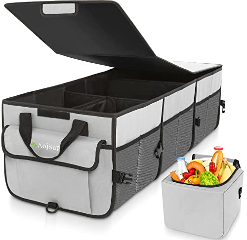 AojSup XXL Organizer Baule Auto, Organizer Bagagliaio Auto Grande Con Borsa Termica e Coperchio, Organizer Per Baule Auto Multiscomparto, Organizer Baule Per Auto, SUV, Camion, Minivan, 92L, Grigio
