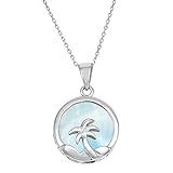 Sterling Silver Natural Larimar Palm Tree Circle Pendant with 18" Chain