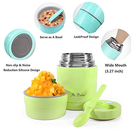 Mr.Dakai Insulated Lunch Containers Thermoses Food Jar Vacuum Stainless Steel 27 oz Leak Proof Keep Food Cold Hot Container for Kids Adult Lunch Box School Camping Outdoors, BPA Free (Green) - Thumbnail 4