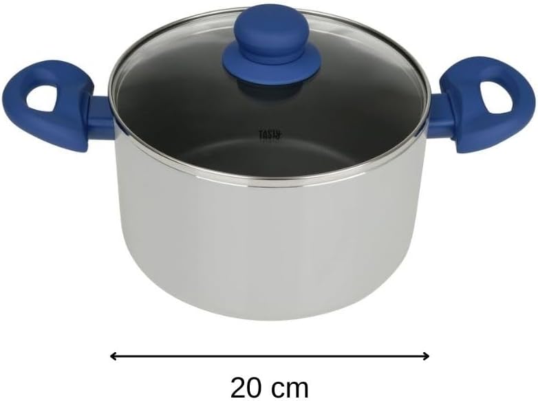 Tacho com dispensador de óleo e tampa de vidro, Ø20 cm, alumínio prensado com revestimento antiaderente, apto para máquina de lavar loiça, cores azul e cinzento