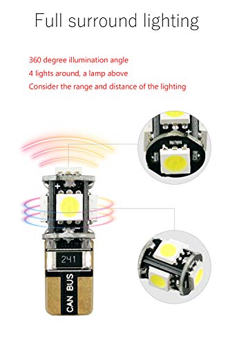 AMAZENAR 10-Pack White 194 T10 168 2825 W5W 175 158 Bulb 5050 5 SMD Canbus Error Free LED Light - 12V Car Interior Lighting for Map Dome Lamp License Plate Side Marker Dashboard Lights - Thumbnail 6