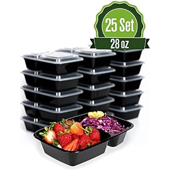 Meal Prep Containers with Lids [25 Set] Ideal-Lunch Containers, Food Prep Containers, Food Storage Bento Box, Portion Control | Stackable | Microwave | Dishwasher | Freezer Safe (28oz 2 Compartment)