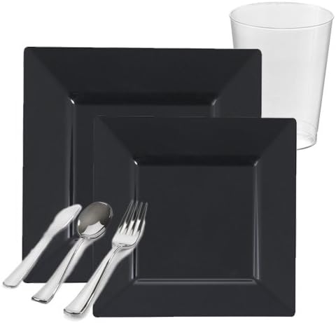 Posh Party Supplies | Black Square Plastic Tableware Package for 20 Guests | Dinner & Dessert Plates, Plastic Tumblers & Plastic Silver Cutlery | 120 Piece Total