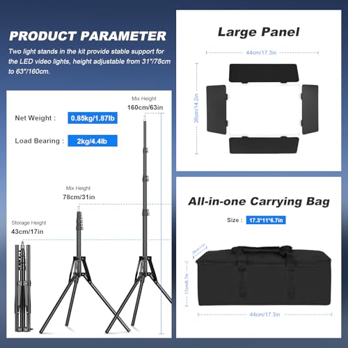 Soonpho 2-Pack LED Panel Light Video Barn Door 2800-6500K Adjustable Light 20W Photography Studio Lighting with 1.6m Stand and Mobile Phone Holder for Youtube Live Streaming