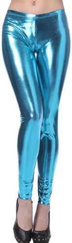 Cloris Murphy Shiny Metallic Low Waisted Ankle Length Footless Pantyhose Legging Tight Pant JG19 Size M (M, Blue)