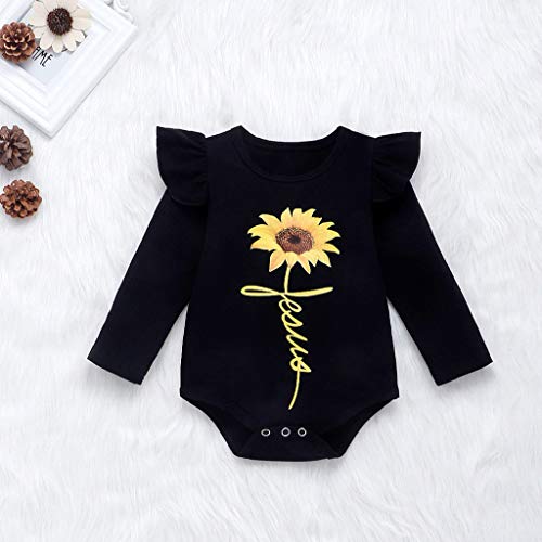 Little Story 0M-24M Children's Solid Color Long-Sleeved Cartoon Sunflower Print Hakama + Bow Trousers Set Infant Baby Kids Black