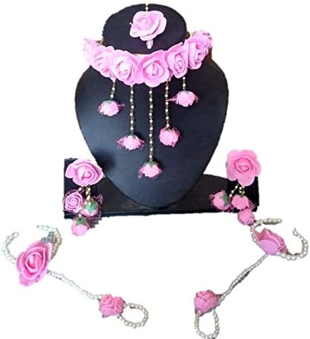 URBALAA Gota and Pearl Necklace, Earrings, Bracelet & Maang Tika for Women & Girls (Pink)