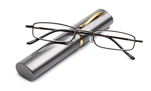 Newbee Fashion - Ultra Slim Compact Unisex Light Weight Spring Temple Reading Glasses w/ Portable Pocket Clip Aluminum Case 2 Pack