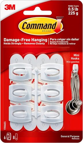 Command Mini Hooks, 6 Hooks, White and 8 Small Adhesive Strips