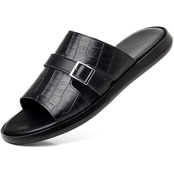 Amazon.com | Men Black Leather Slide Sandals Slip On Casual