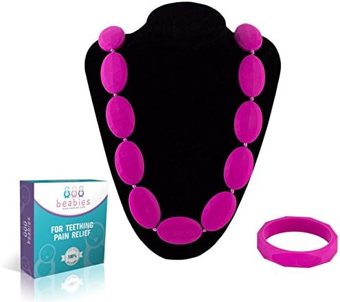 Beabies Breastfeeding Necklace - Teething Necklace for Mom to Wear and Bracelet/Bangle are Smart Baby Shower Gifts - Teether Beads Provide Soothing Pain Relief (Magenta/Hot Pink)