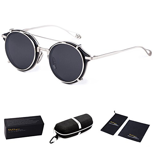 Dollger Double Lens Flip Dual Fashion Sunglasses Steampunk(Black Lens+Silver Frame)