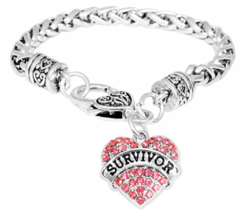 Breast Cancer Support Survivor Bracelet Engraved Gift Jewelry For Cancer Survivor or Patient Crystal Adorned Heart Shaped Pendant Lobster Claw Bracelet Awareness Gift for Cancer Survivor or Living With Cancer Pink