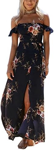 Foyean Women's Boho Off The Shoulder Floral Dress Split With Sleeve Casual Beach Maxi Dress FY0001-FC1135-NV-M