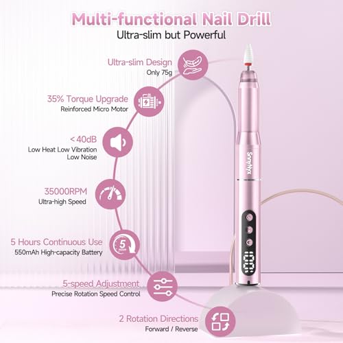 SnnyNyx Cordless Electric Nail Drill 35000 RPM, Professional Nail File Kit with LCD Display, 12 Bits & 36 Sanding Bands, Rechargeable Manicure Pedicure Kit for Acrylic Gel Nails, Salon & Home Use(Rose Gold)