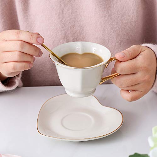 ARTVIGOR Coffee and Tea Service Set Heart Shape Cream White Porcelain Gold Rimmed Gift Box for 6