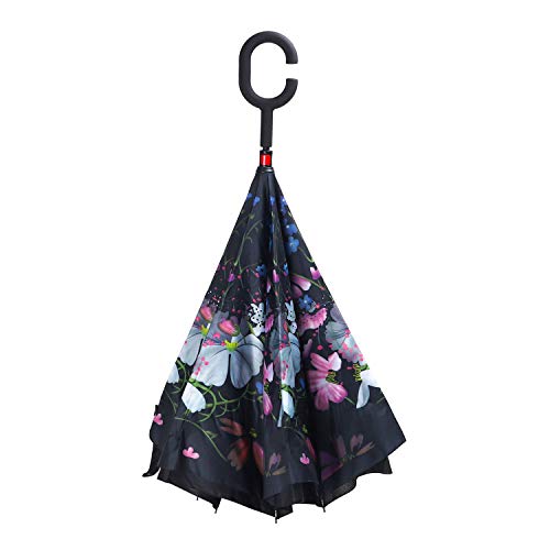 WASING Double Layer Inverted Umbrella Cars Reverse Umbrella, Windproof UV Protection Big Straight Umbrella for Car Rain Outdoor with C-Shaped Handle