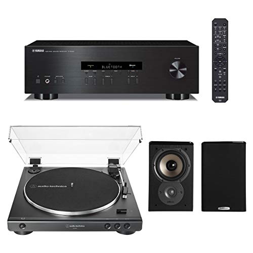 Yamaha R-S202 Bluetooth Stereo Receiver bundle with Audio-Technica AT-LP60X-BK Fully Automatic Belt-Drive Stereo Turntable (Black) and Polk TSi100 Bookshelf Speakers – Pair (Black)