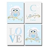 Baby Boys Custom Nursery Room Wall Art Set of 4 Prints Owl Decor Name Initial Personalize Boy Bedroom Owl Pictures Blue Gray White