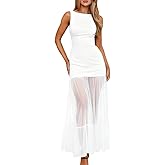 LAGSHIAN Women's Elegant Crew Neck Backless Maxi Dress Sleeveless Back Tie Mesh Evening Long Dresses