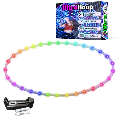 UltraPoi UltraHoop Shuffle LED Hoop – Smart Auto Color Changing LEDs w/ 100+ Light Patterns – Rechargeable, Collapsible, Beginner to Advanced Glow in the Dark Flow Toys Hoola Hoops for Raves & Parties