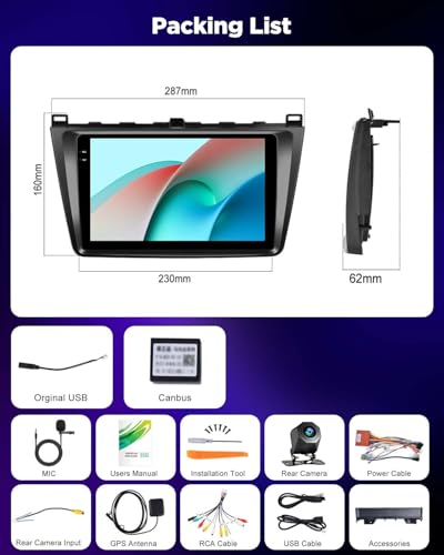 NHOPEEW 4+128G Radio para Coche para Mazda 6 2007-2012 con Carplay Android Auto - Pantalla incell de 9 Pulgadas Compatible con WiFi GPS Control en el Volante+Cámara de Marcha atrás