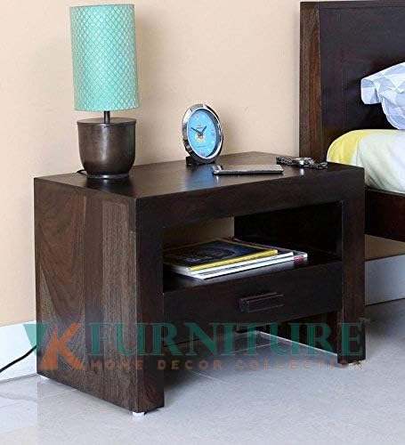 VK Furniture Sheesham Wood Bedside Table for Bedroom | Wooden Side End Table | Nightstand | with Drawer & Shelf Storage | Mahogany Finish