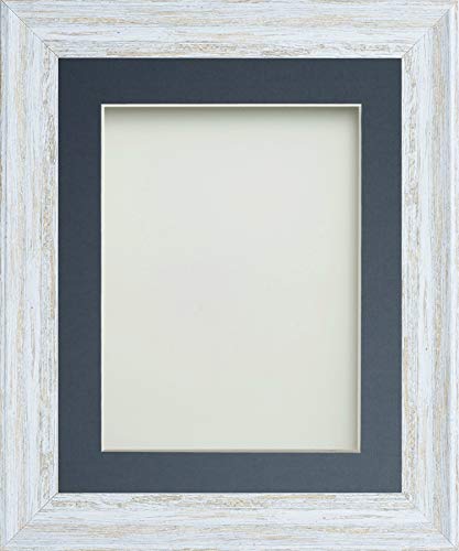 Frame Company Lynton Rustic White Photo Frame with Blue Mount, 12x12 for 8x8 inch, fitted with perspex