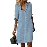 Fronage Women's Summer Midi Shirt Dresses Button Down 1/2 Sleeve Lapel Casual Cotton Linen Dress