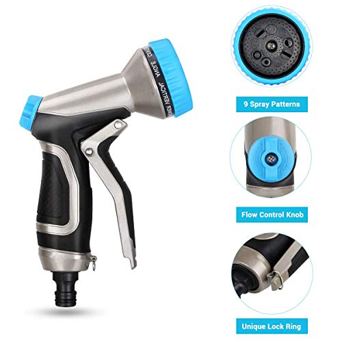 Dr. Prepare Garden Hose Nozzle, EForces Heavy-Duty Garden Hose Nozzle with 100% Metal Body, 9 Spray Patterns, and Flow Control Knob for Watering Plants, Cleaning, Car Wash, and Bathing Pets