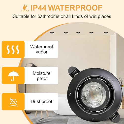 Aulaiyi 3CCT LED Downlight Recessed Ceiling 230V Dimmable 68mm 5.5W IP44 Portholes Extra Flat LED Spotlights Interior Ceiling 45° Rotatable Recessed Spotlight for Bathrooms, Black 10 Pack