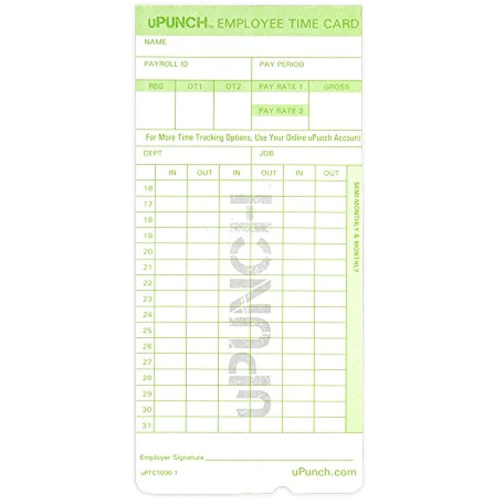 UPunch 300 Time Cards For Green HN3000 AutoAlign Clocks HNTCG1300 