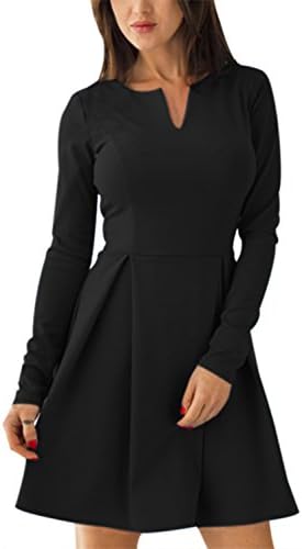 Leshuo Itsmode Women's Sexy V Neck Long Sleeve High Waist A Line Work Skater Party Mini Dress Work Clubbing Black