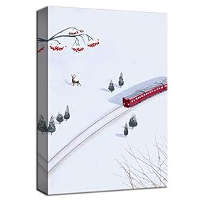 Canvas Wall Art Deer Red Train in Snow Winter Painting Artwork for Home Decor Framed - 12x18 inches
