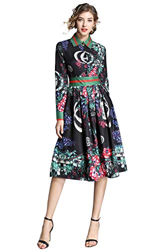 LAI MENG FIVE CATS Women's 3/4 Sleeve Floral Print Button up Casual A-line Party Swing Midi Dress