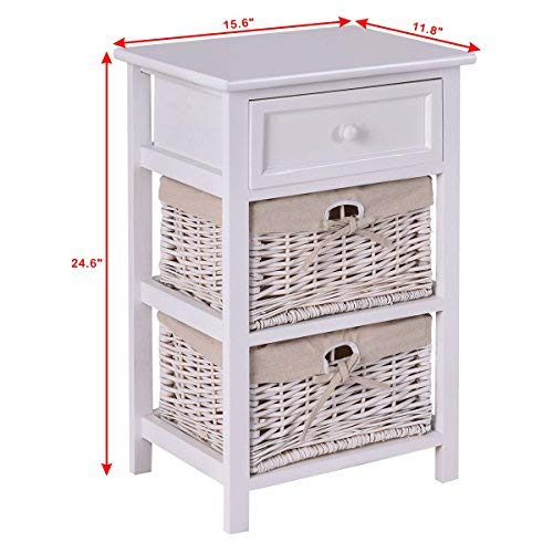 image for Giantex Wooden Nightstand 3 Tiers W/ 2 Baskets and 1 Drawer Bedside So