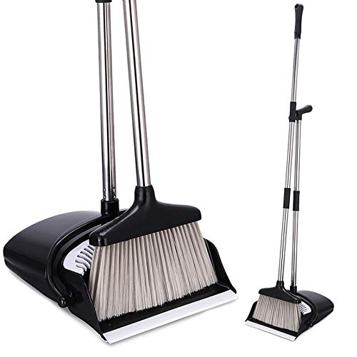 HeloGreen Broom and Dustpan Set: Ideal For Kitchen, Home and Lobby, Easy Assembly, Small Broom and Dust Pan Combo, Self-Cleaning Soft Sweep Broom Bristles - Premium Brush, Wisp and Dust Cleaner, Black