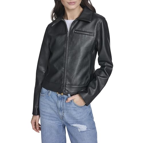 Levi's Women's Laydown Collar Jacket with Chest Zip, Black Faux Leather, Small